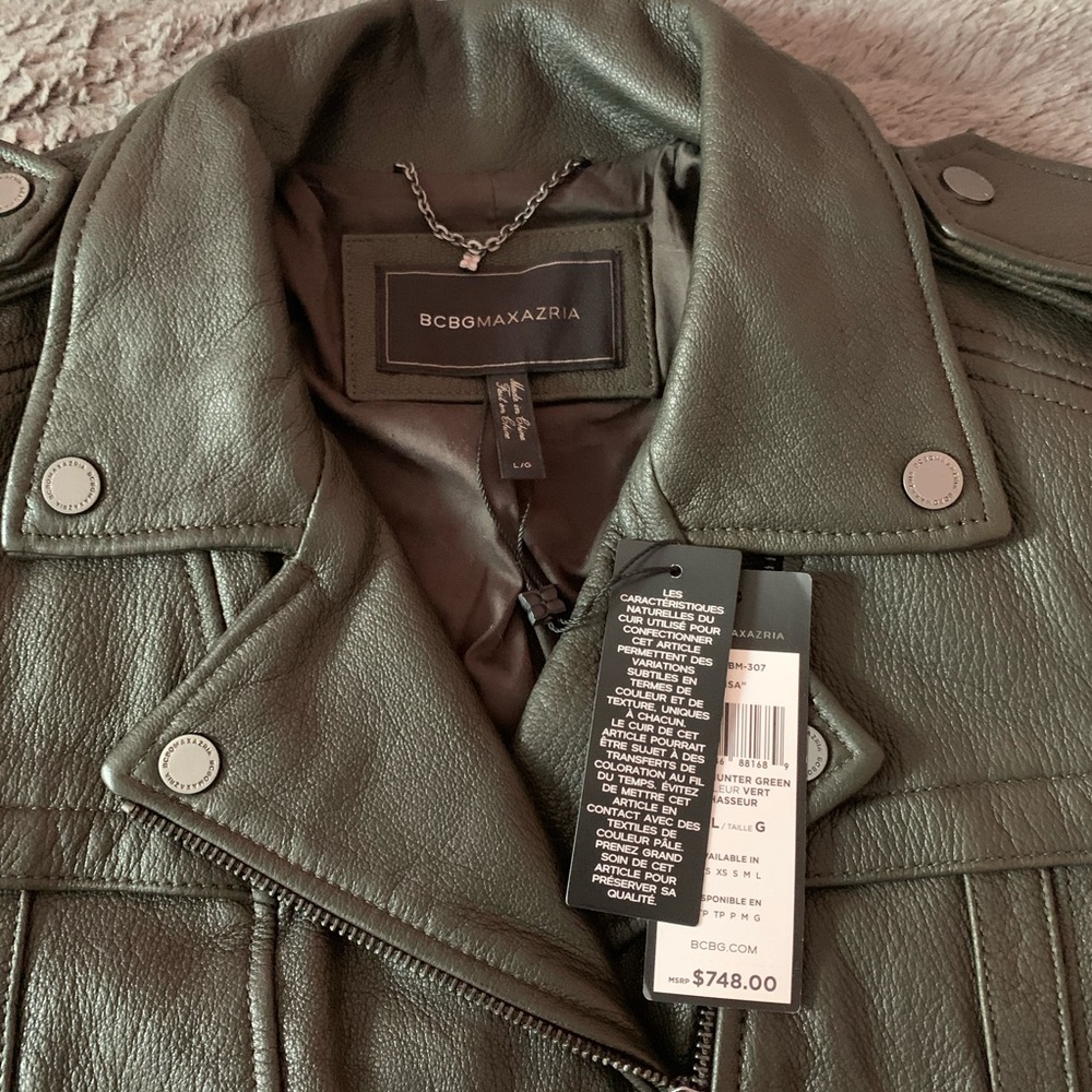 BCBG Max Azria Isa Olive Green Leather Jacket L - Picture 5 of 7